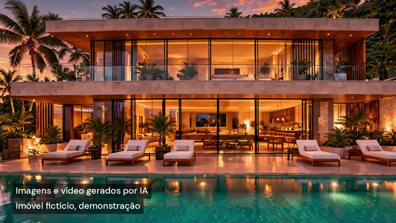 Quadro horizontal 16:9 de uma fachada iluminada com piscina, imóvel fictício gerado por IA