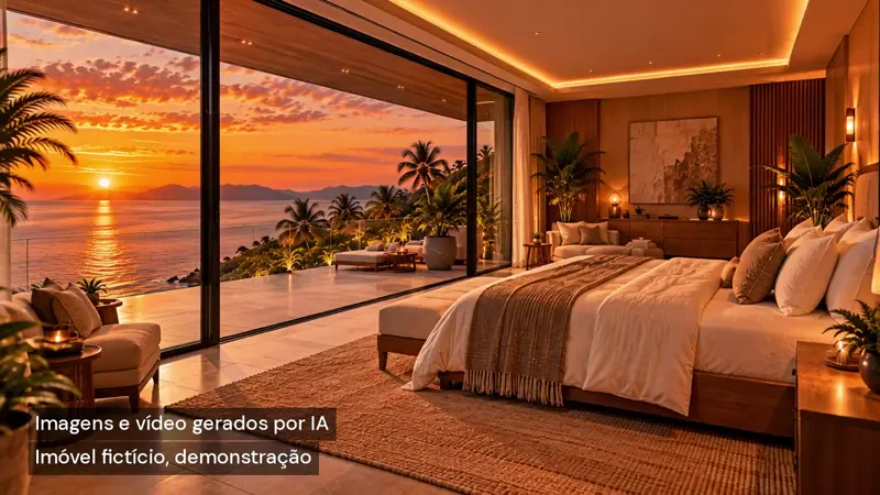 Quadro de uma suíte aberta para o mar ao entardecer, em demonstração de imóvel fictício gerado por IA